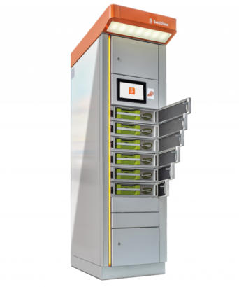 Swobbee battery changing station with pironex technology Battery changing station swobbee with internet connection