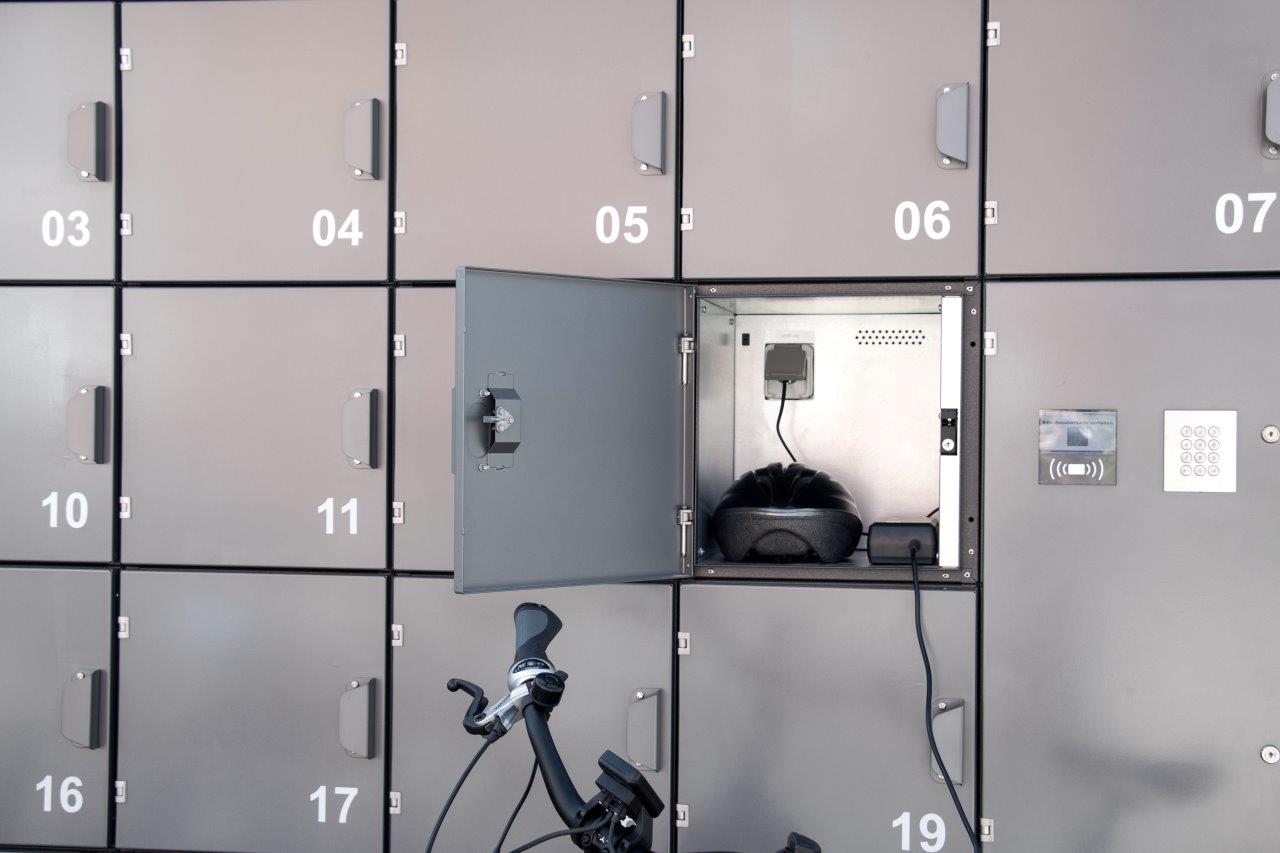 Lockers for charging bicycle batteries Lockers for charging bicycle batteries